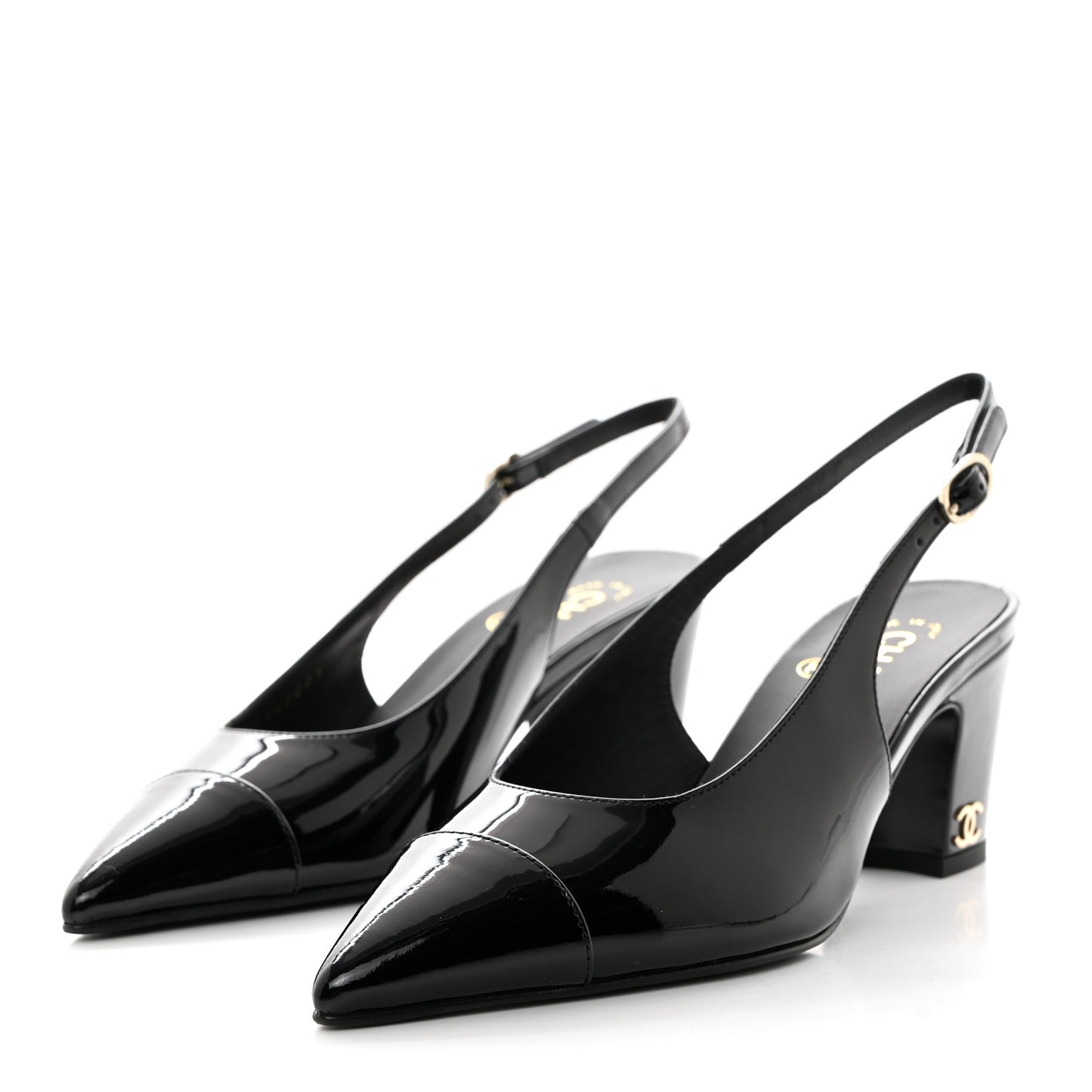 Patent Calfskin Cap Toe CC Slingback Pumps 37 Black