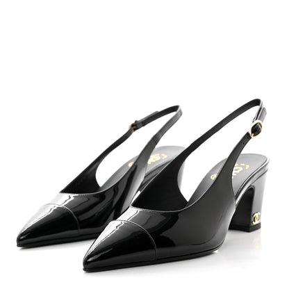 Chanel Patent Calfskin Cap Toe CC Slingback Pumps 37 Black 3 of 9
