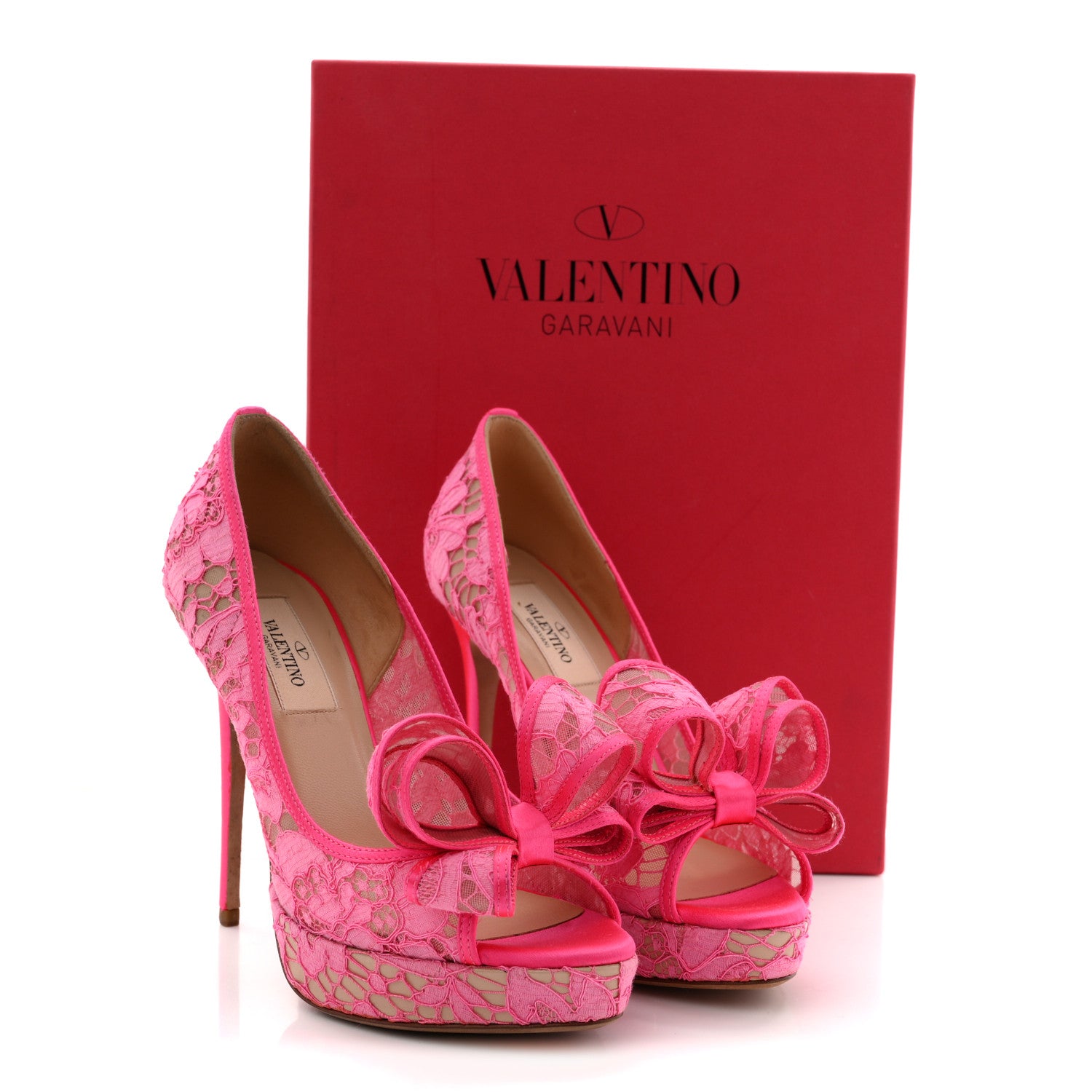 Valentino Garavani Satin Lace Couture Bow Peep Toe High Heel Pumps 36 Fuxia Fluo 10 of 10