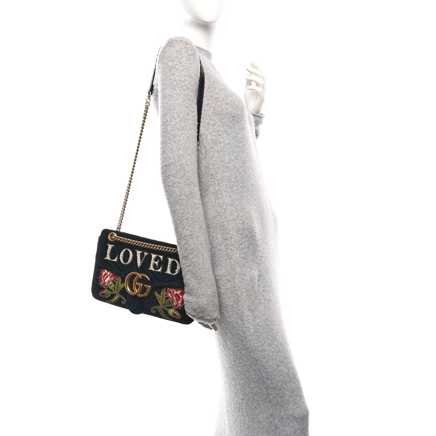 Velvet Matelasse Loved Embroidered Medium GG Marmont Shoulder Bag Black