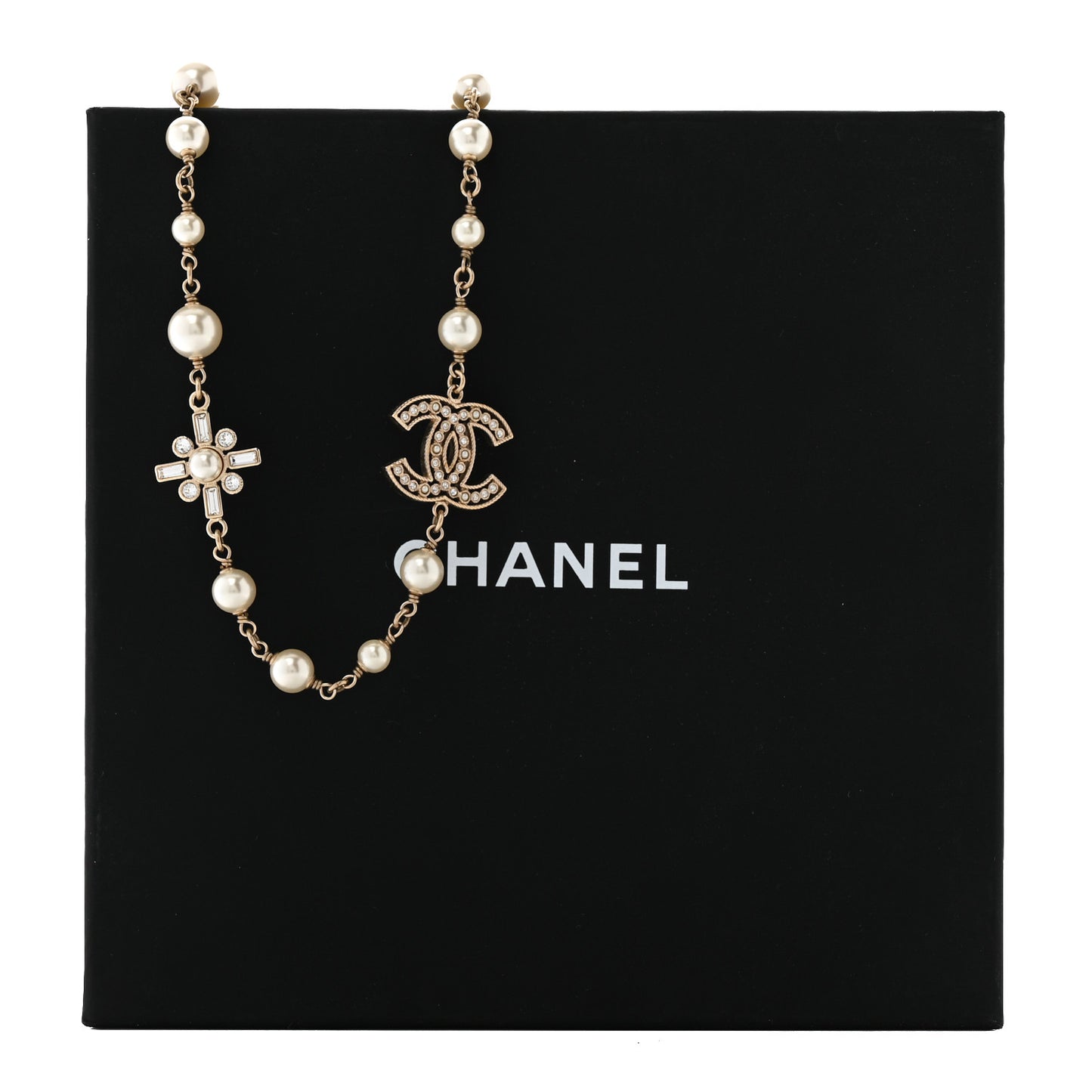 Crystal Baguette Pearl CC Cross Short Necklace Gold