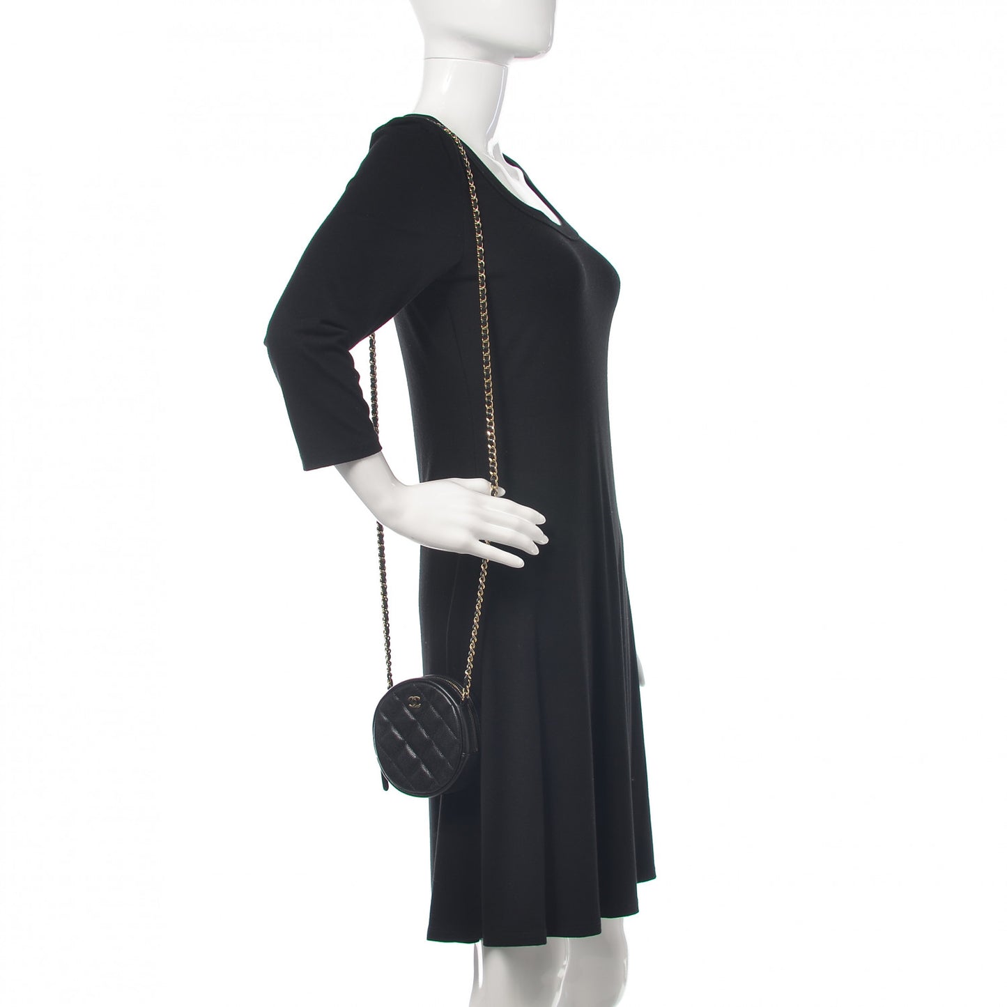 Caviar Quilted Round Clutch With Chain Black