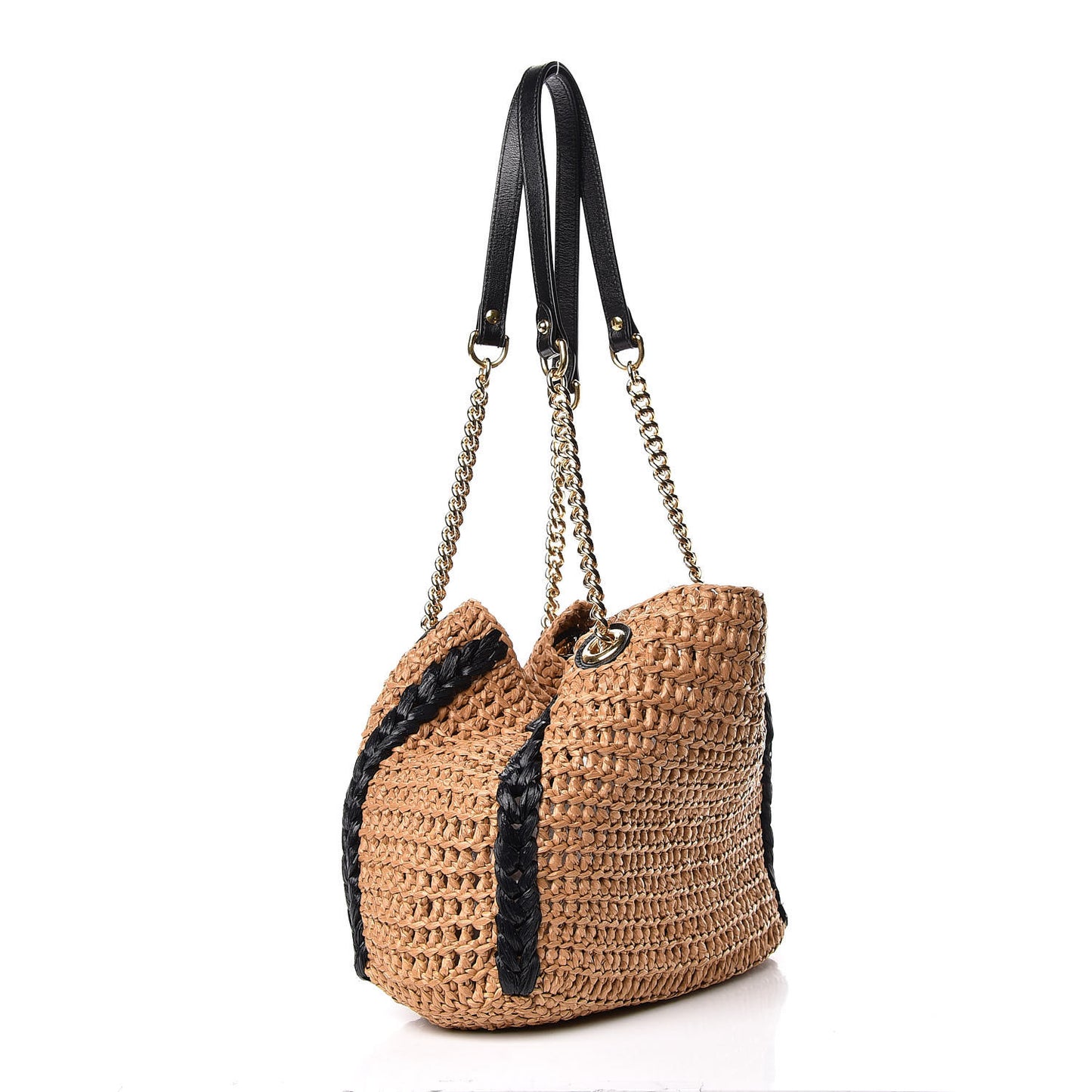 Raffia Effect Medium GG Marmont Shoulder Tote Bag Natural Black