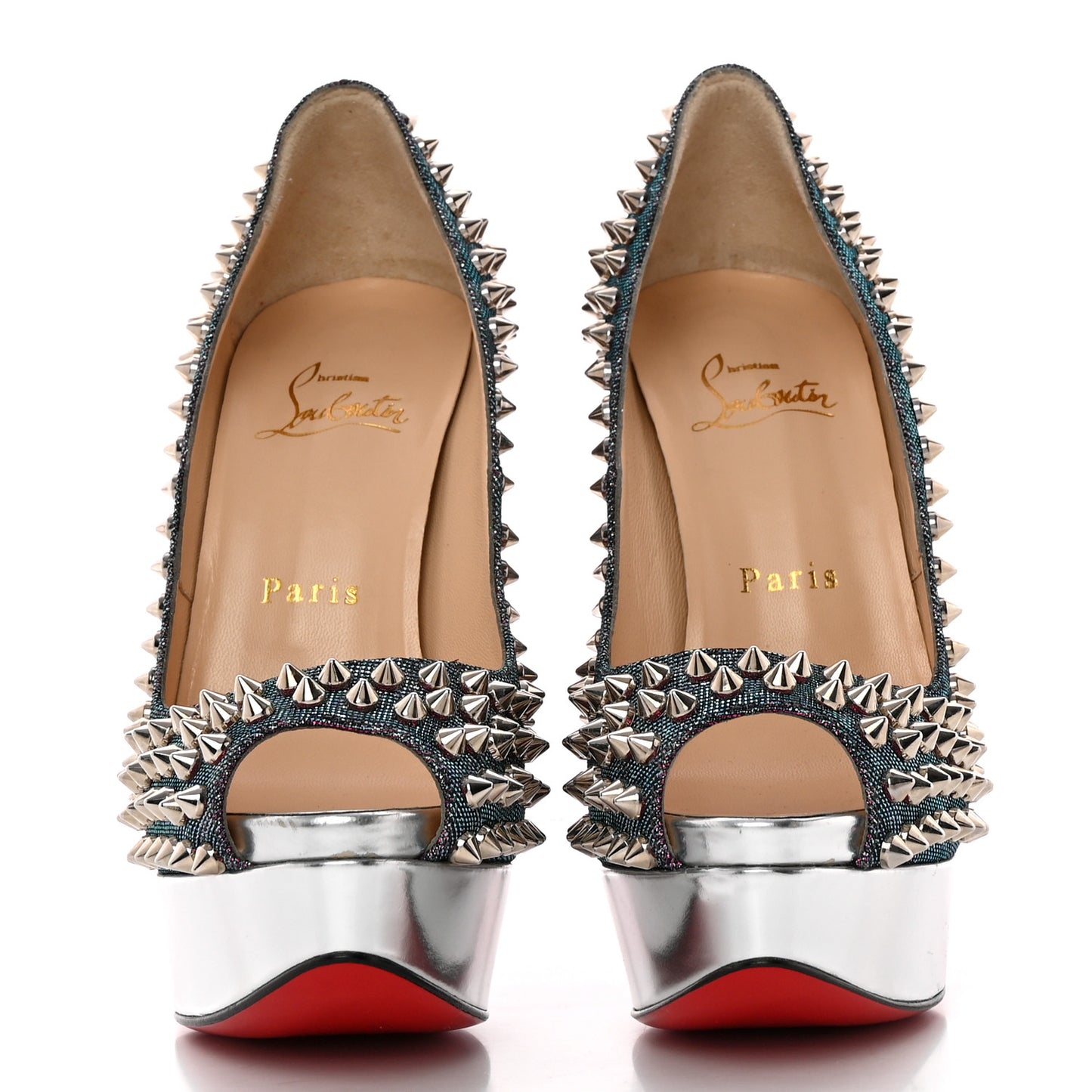 Lame Satin Lady Peep Spikes 150 Pumps 36 Turquoise Violet Silver
