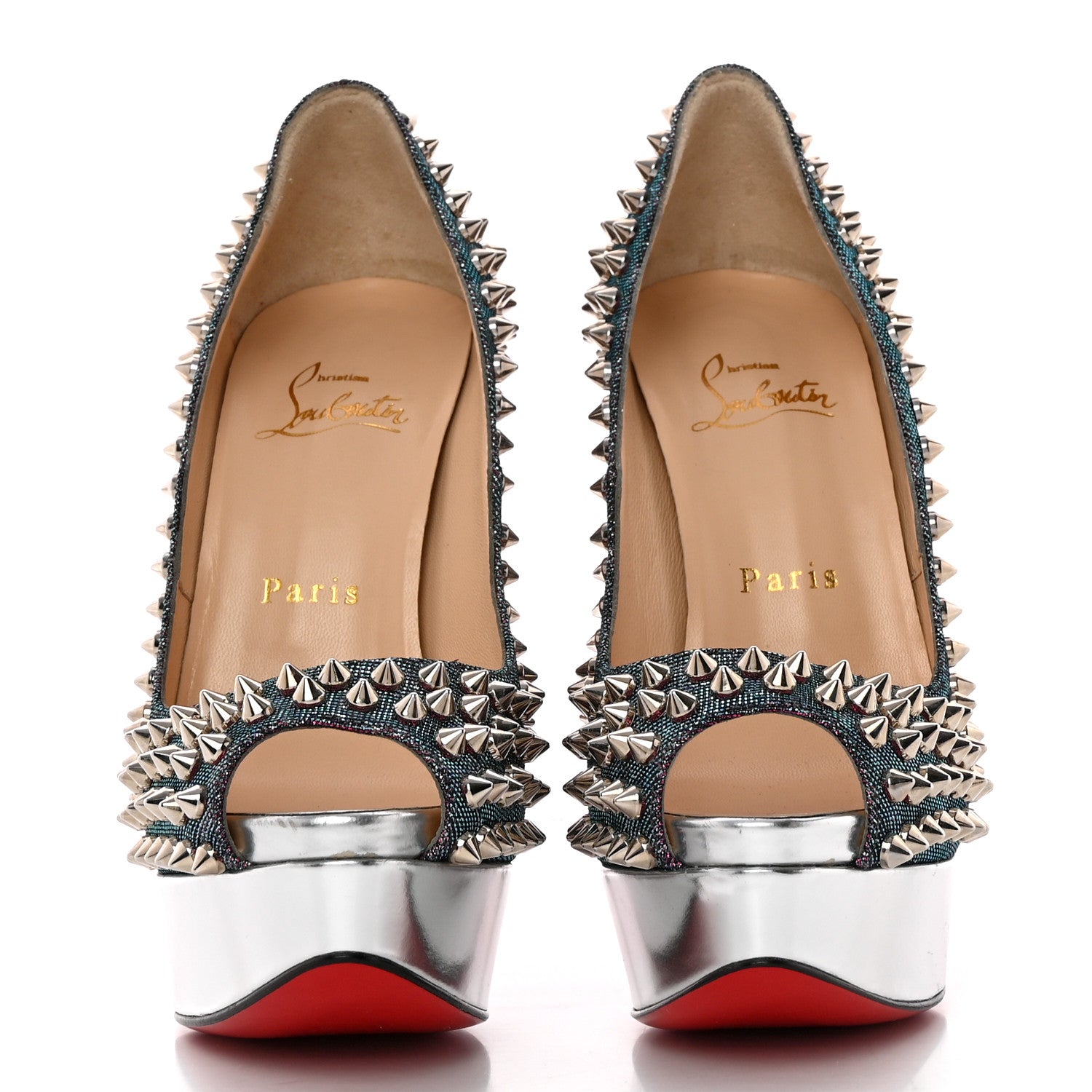 Christian Louboutin Lame Satin Lady Peep Spikes 150 Pumps 36 Turquoise Violet Silver 2 of 13
