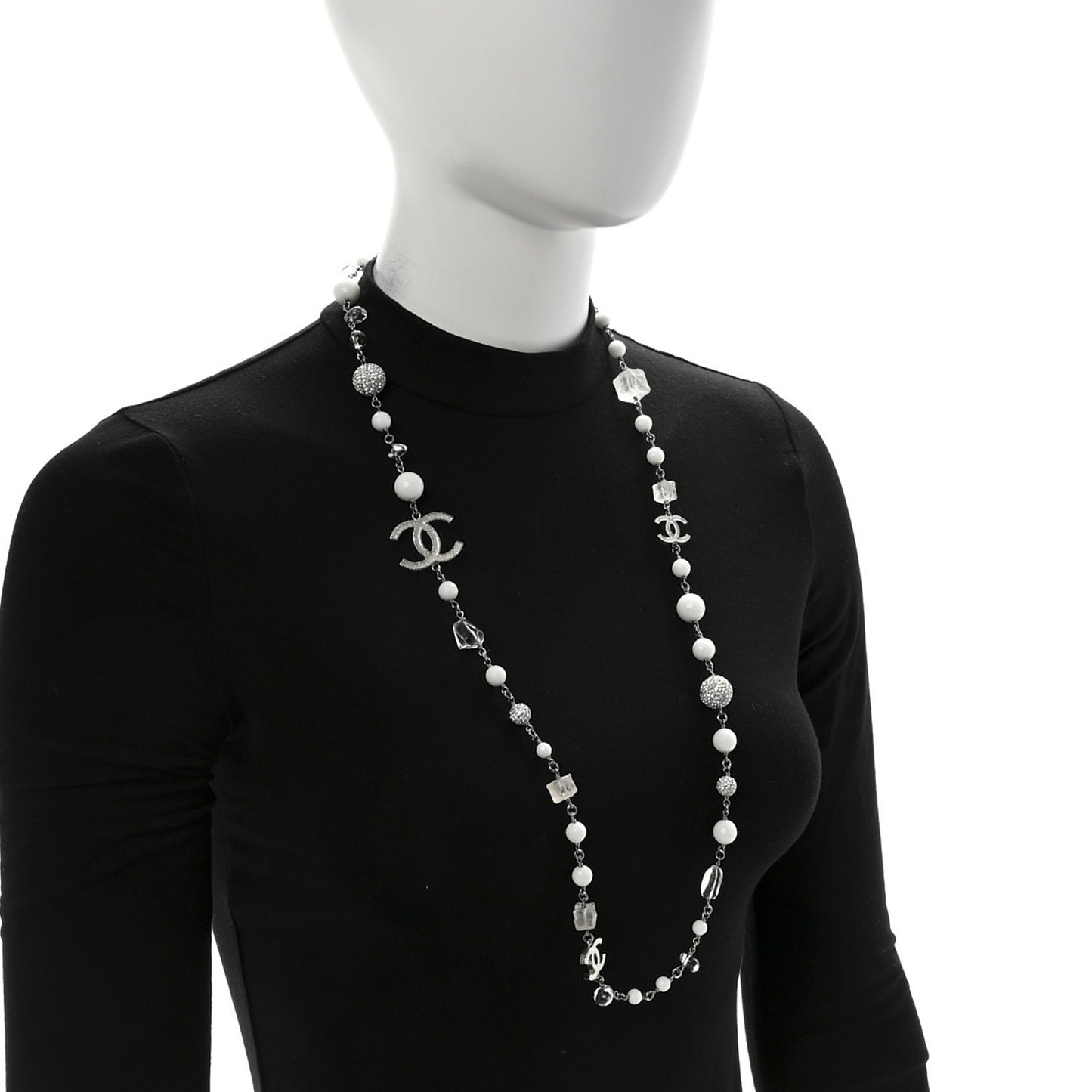 Enamel Crystal CC Long Necklace White