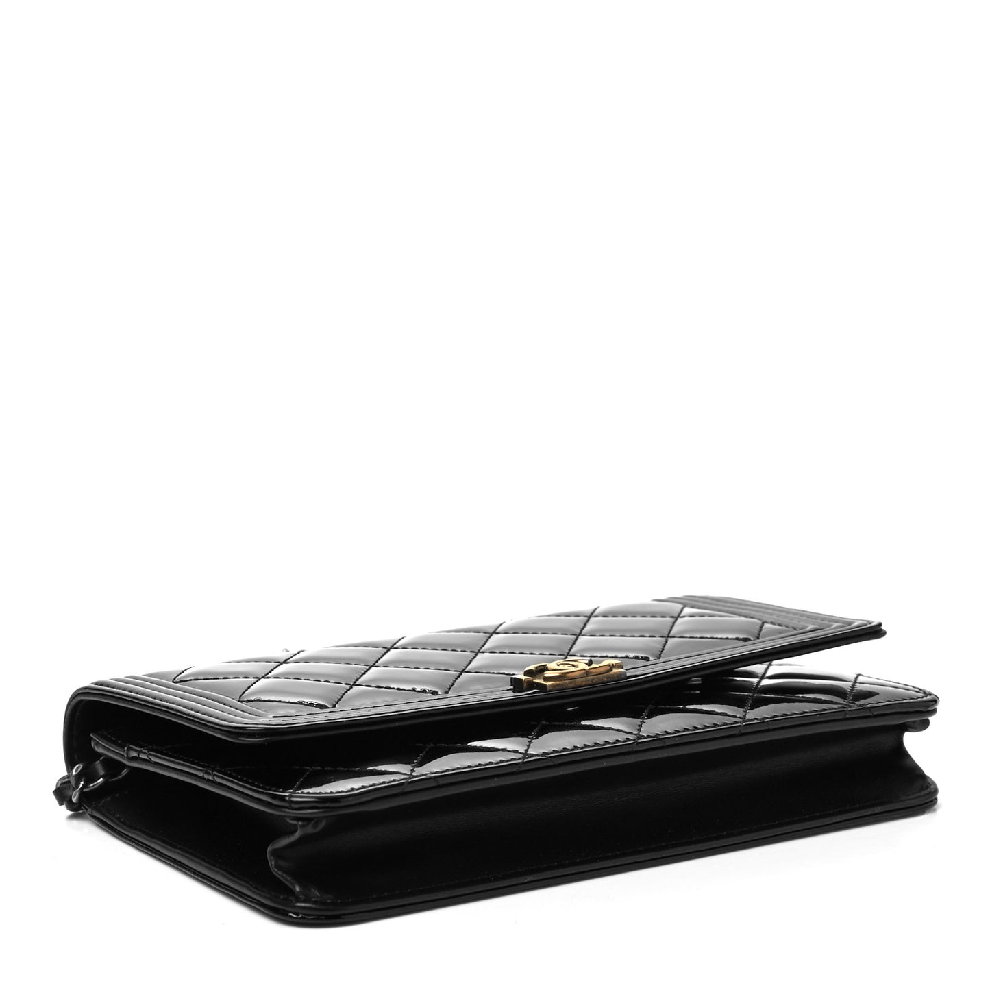 Patent Calfskin Quilted Boy Wallet On Chain WOC Black