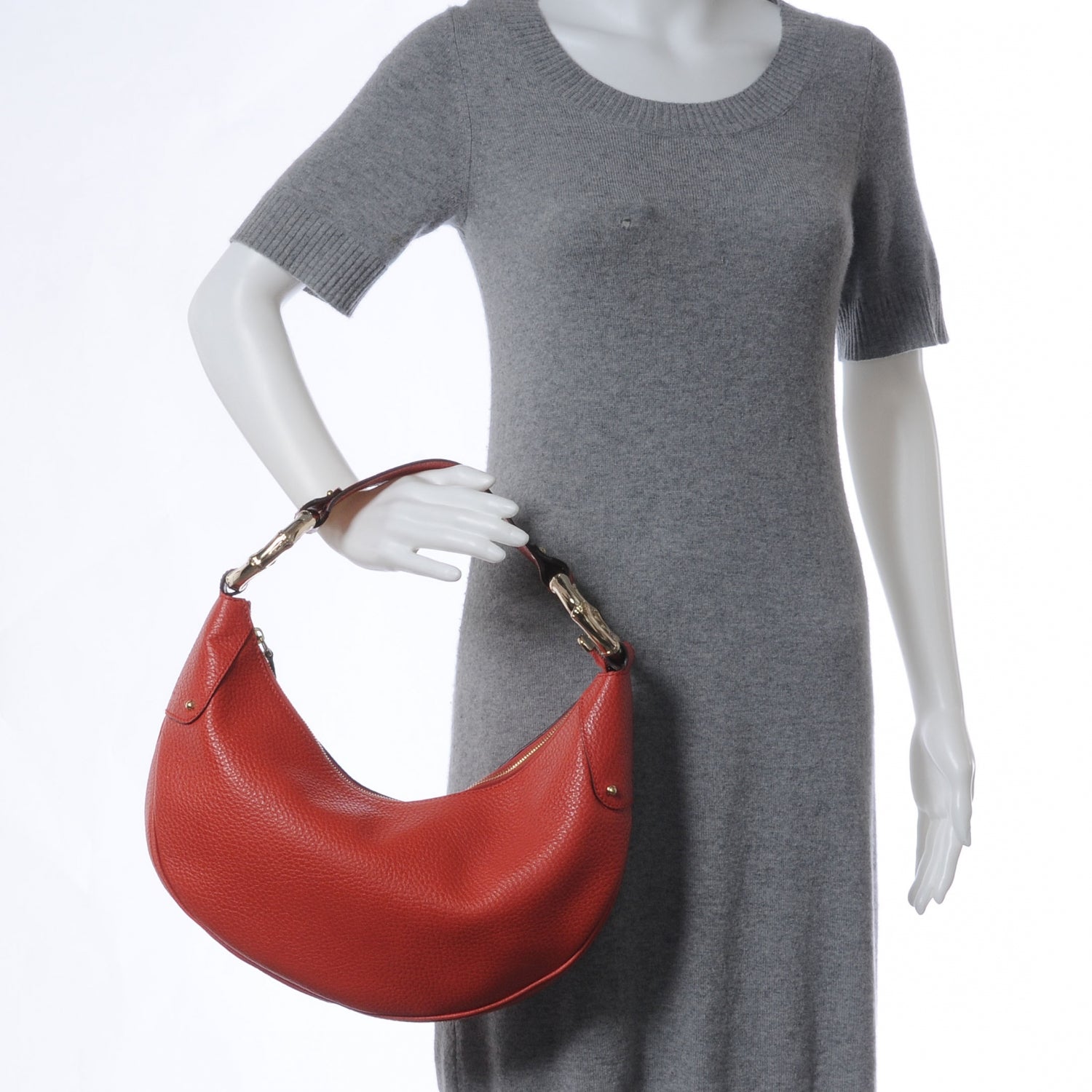 Gucci Leather Web Bamboo Ring Hobo Red 2 of 7