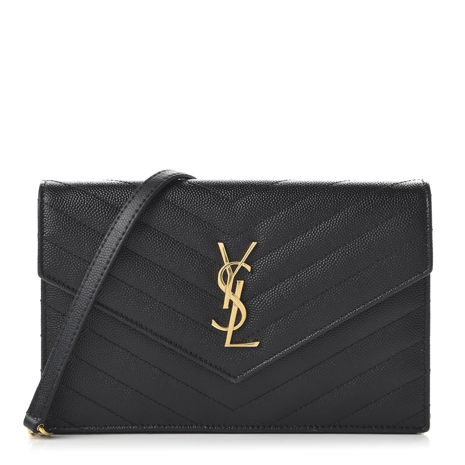 Saint Laurent Grain De Poudre Matelasse Chevron Monogram Envelope Chain Wallet Black 1 of 10