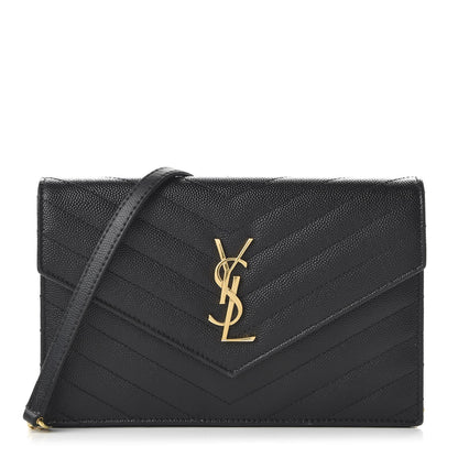 Saint Laurent Grain De Poudre Matelasse Chevron Monogram Envelope Chain Wallet Black 1 of 10