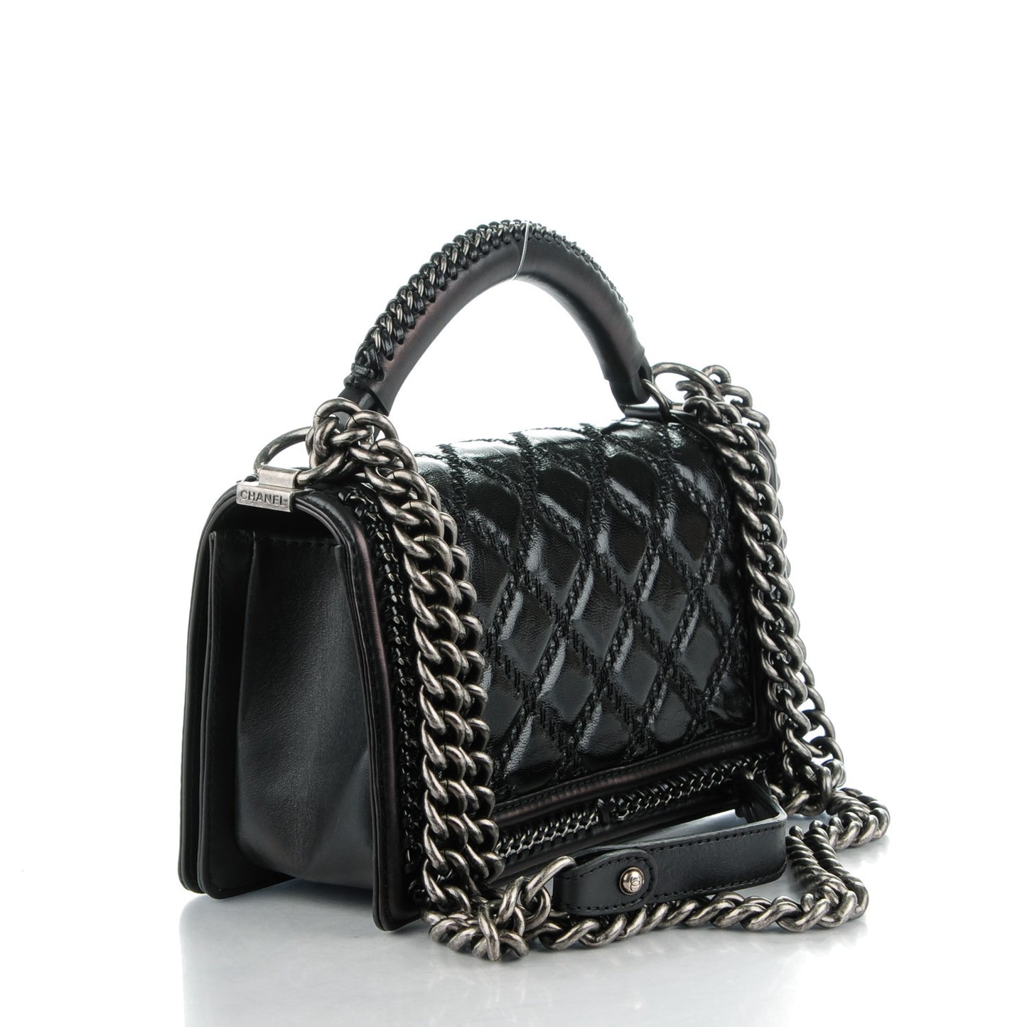 Calfskin Quilted Medium Boy Top Handle Flap Black