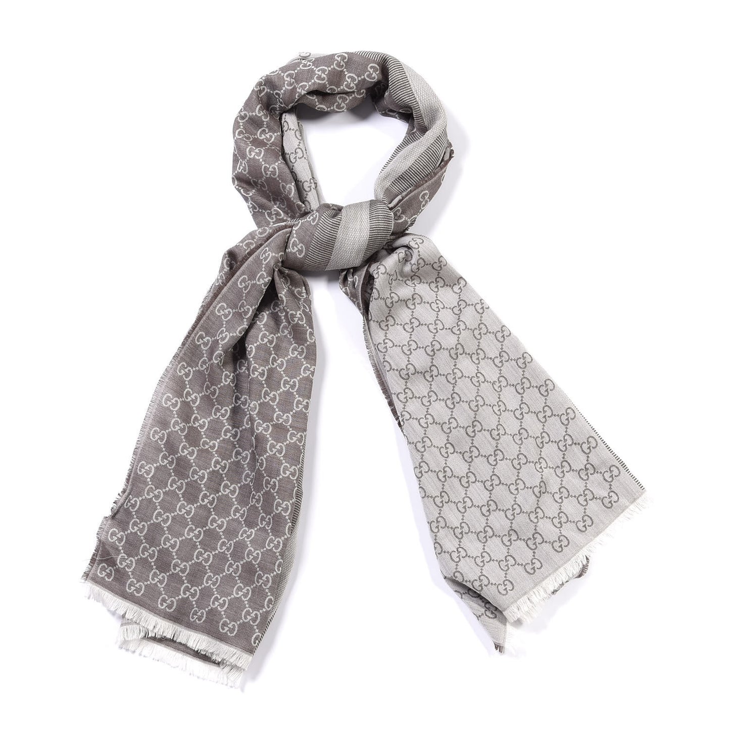 Wool Silk GG Monogram GGWeblong Fringe Scarf Shawl Pearl Medium Grey
