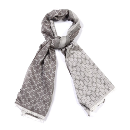 Gucci Wool Silk GG Monogram GGWeblong Fringe Scarf Shawl Pearl Medium Grey 4 of 4
