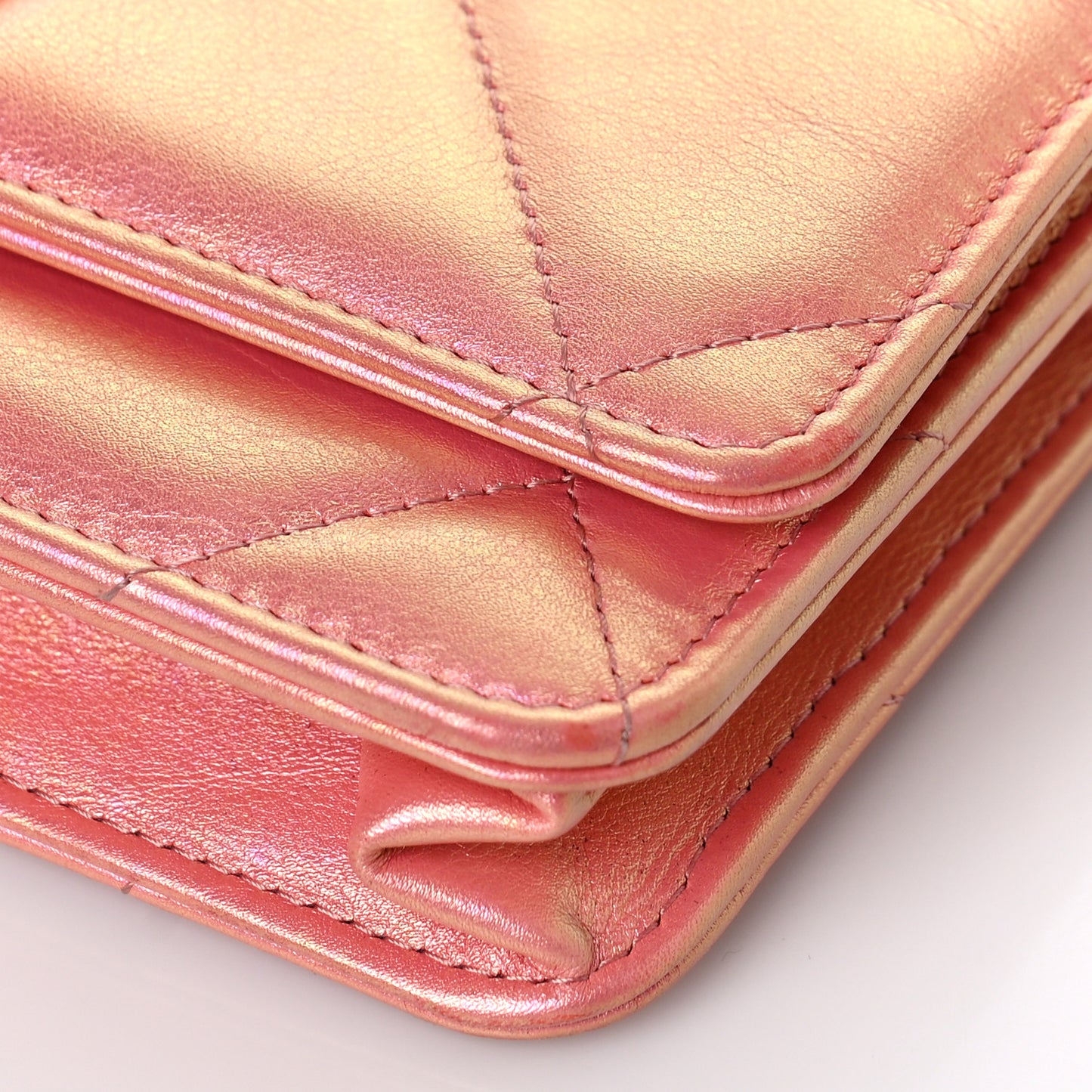 Iridescent Calfskin Quilted Chanel 19 Wallet On Chain WOC Pink