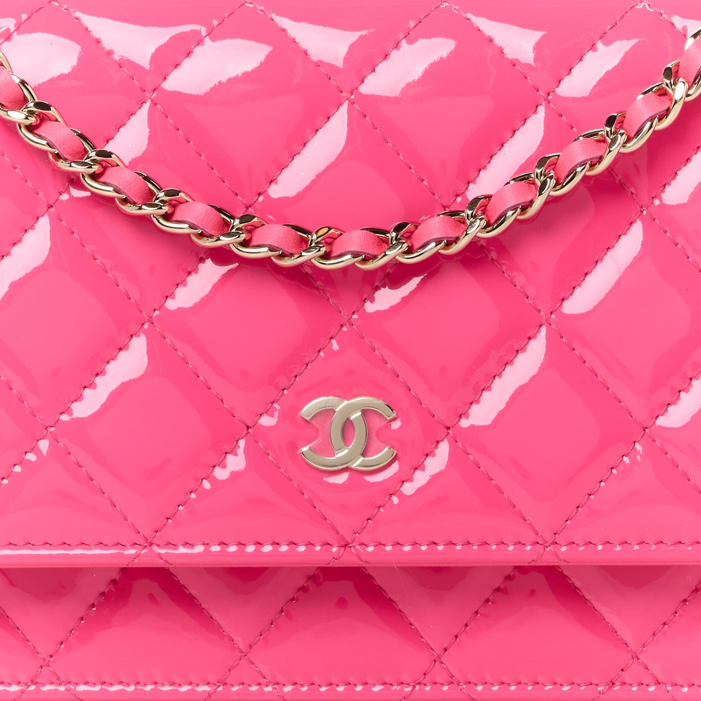 Patent Calfskin Quilted Wallet On Chain WOC Neon Pink