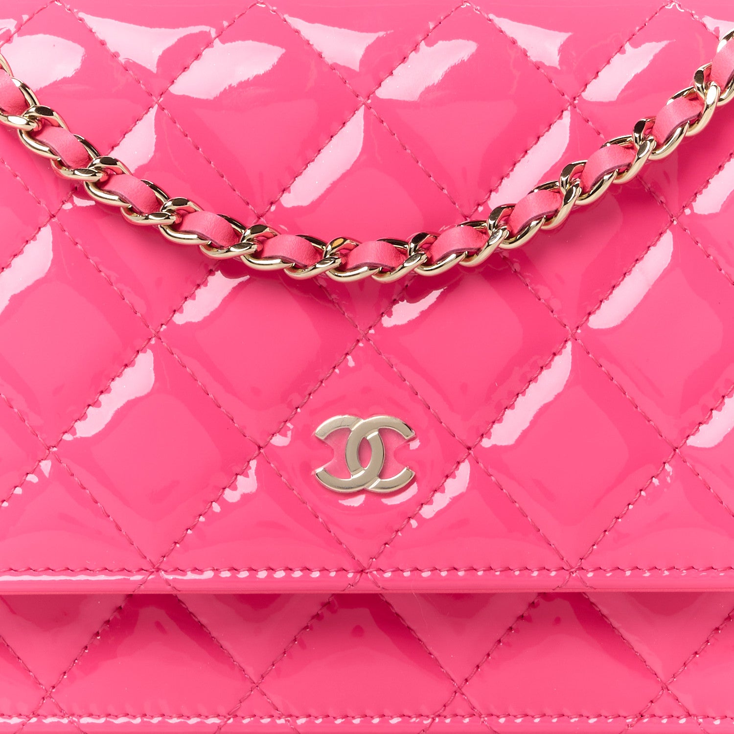Chanel Patent Calfskin Quilted Wallet On Chain WOC Neon Pink 9 of 12