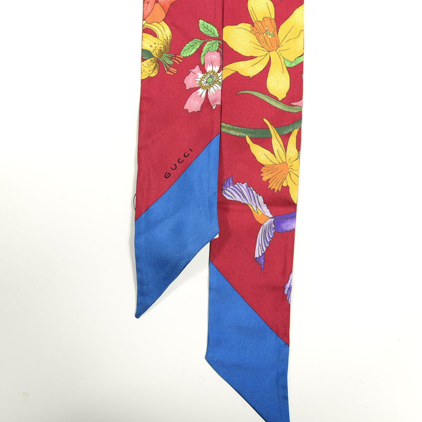 Silk Twill Floriso Neck Bow Scarf Fuxia Blue