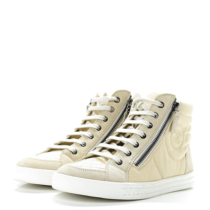 Chanel Toile Suede Calfskin CC High Top Sneakers 37 Beige White 3 of 11