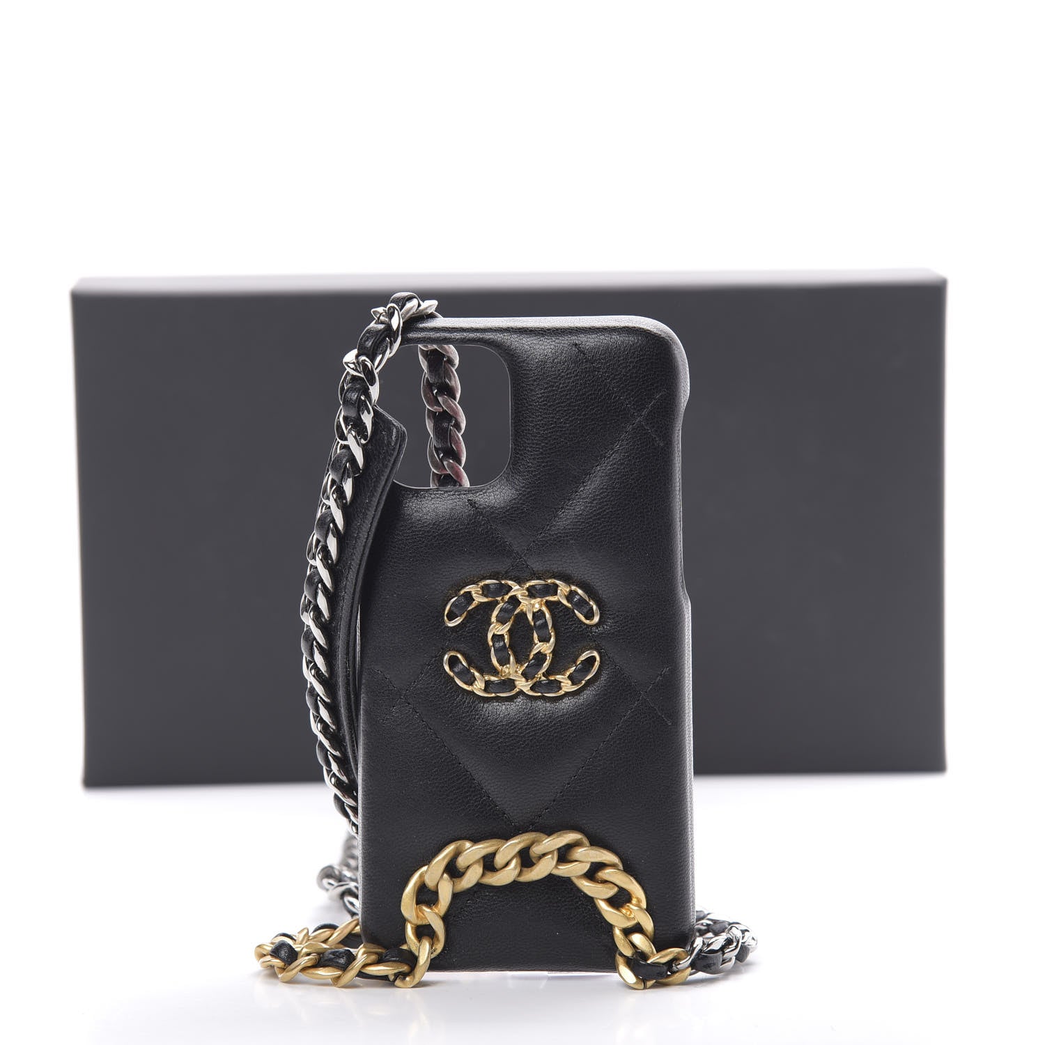 Chanel Shiny Goatskin Quilted 19 iPhone XI Pro Holder With Chain Black 8 of 8