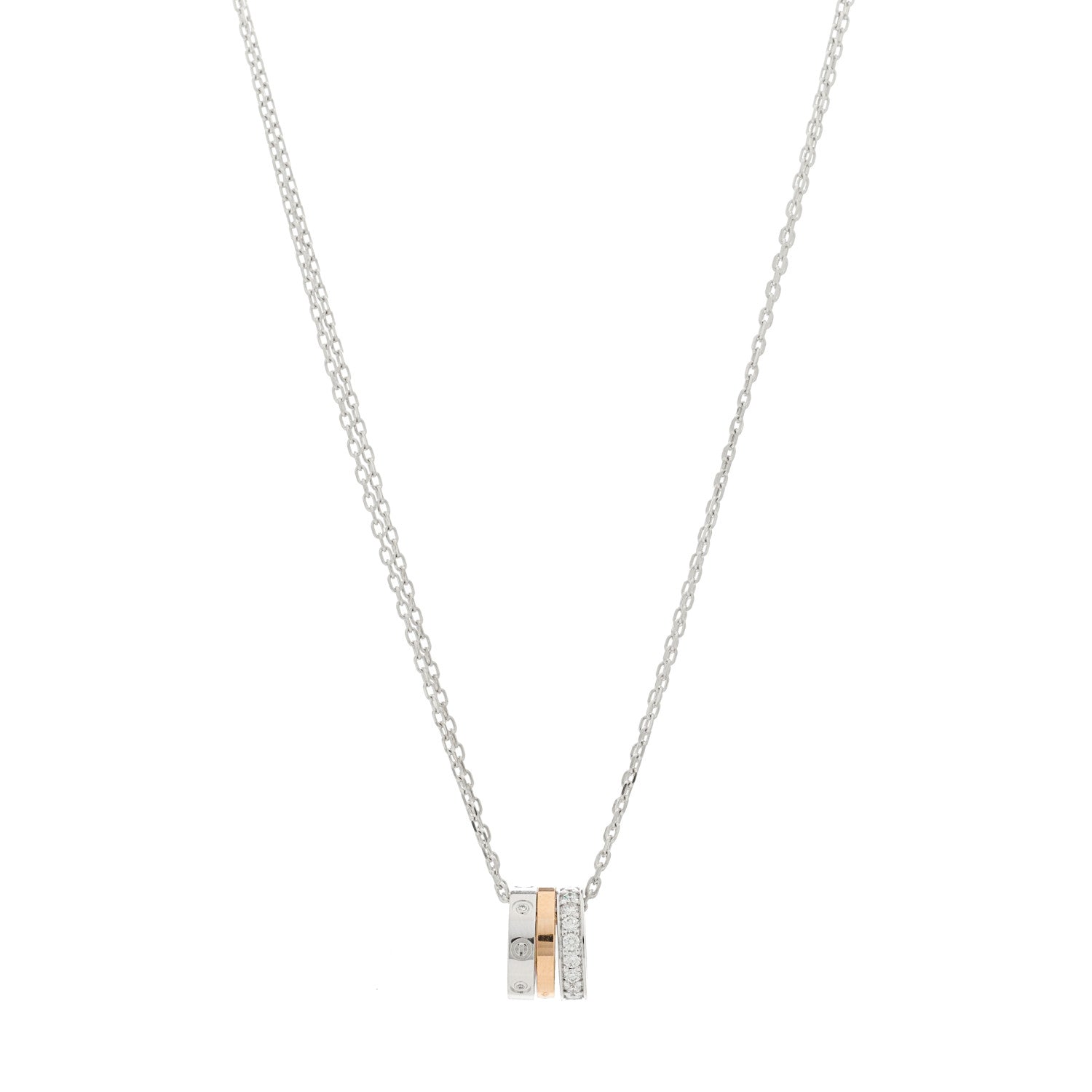 Cartier 18K White Pink Gold Diamond Three Ring LOVE Necklace 1 of 5