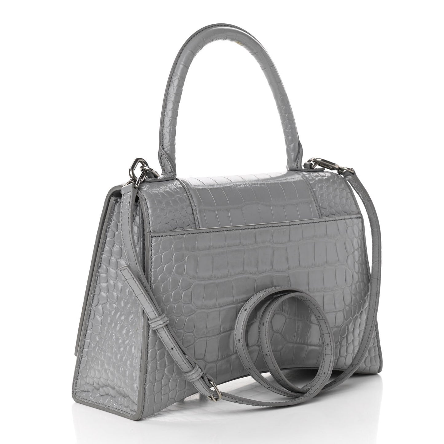 Shiny Calfskin Crocodile Embossed Medium Hourglass Top Handle Bag Balenciaga Grey