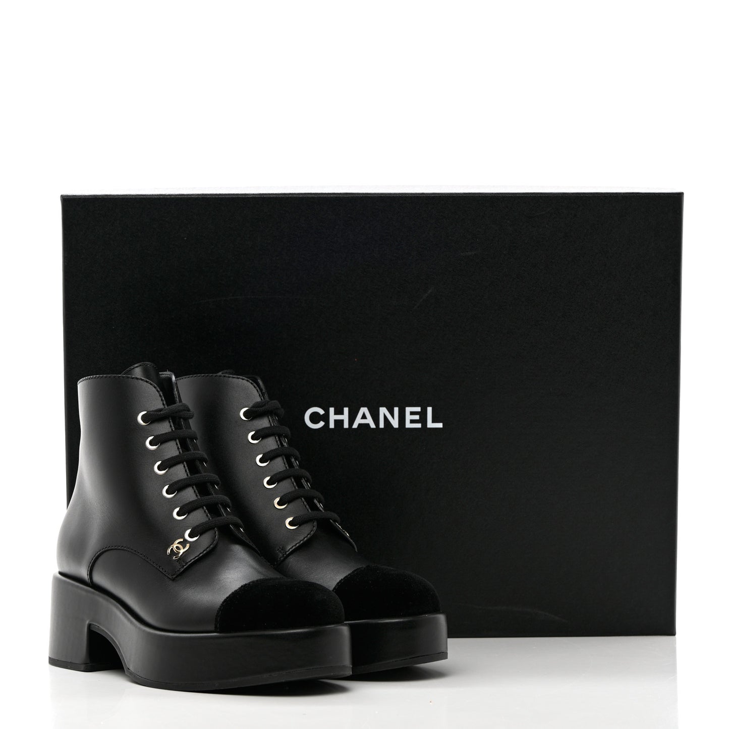 Calfskin Velvet CC Cap Toe Boots 38 Black