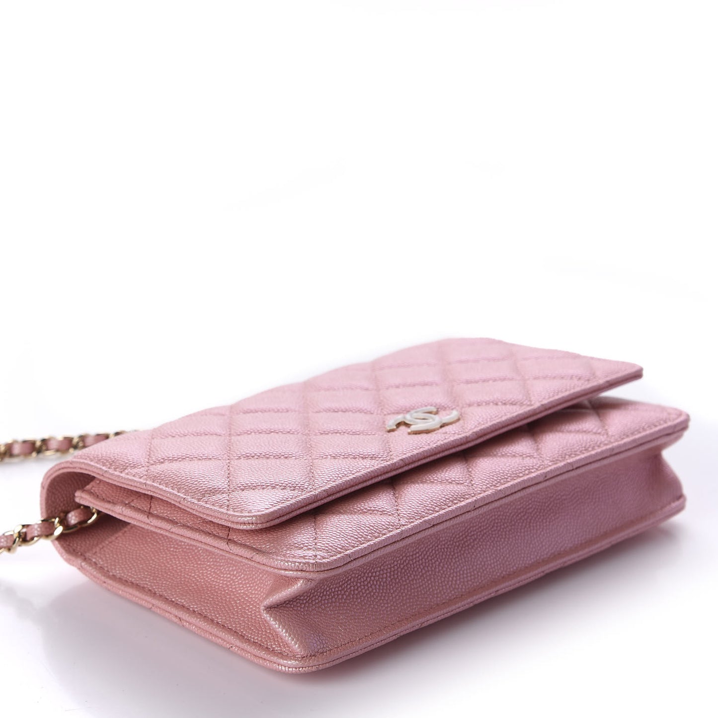Iridescent Caviar Quilted Wallet on Chain WOC Pink