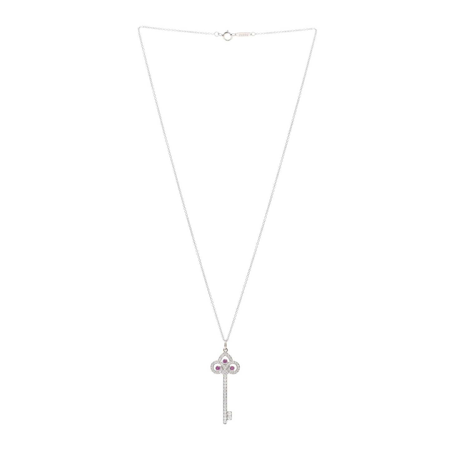 Platinum Diamond Pink Sapphire Fleur De Lis Key Pendant Necklace