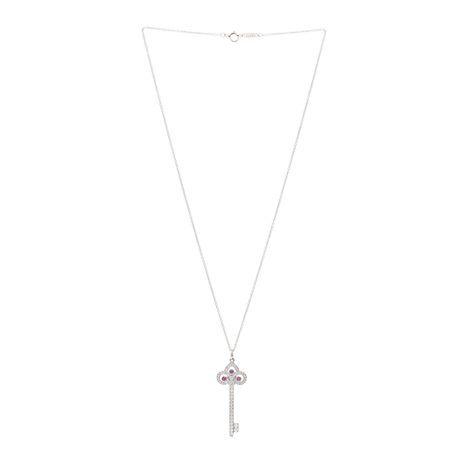 Tiffany Platinum Diamond Pink Sapphire Fleur De Lis Key Pendant Necklace 3 of 5