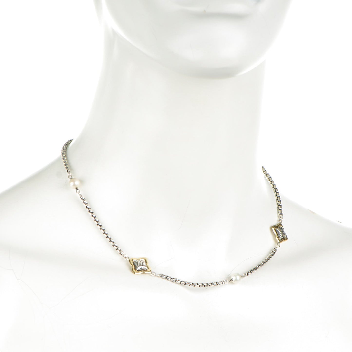 Sterling Silver 18K Yellow Gold Pearl 14mm Quatrefoil Station Necklace