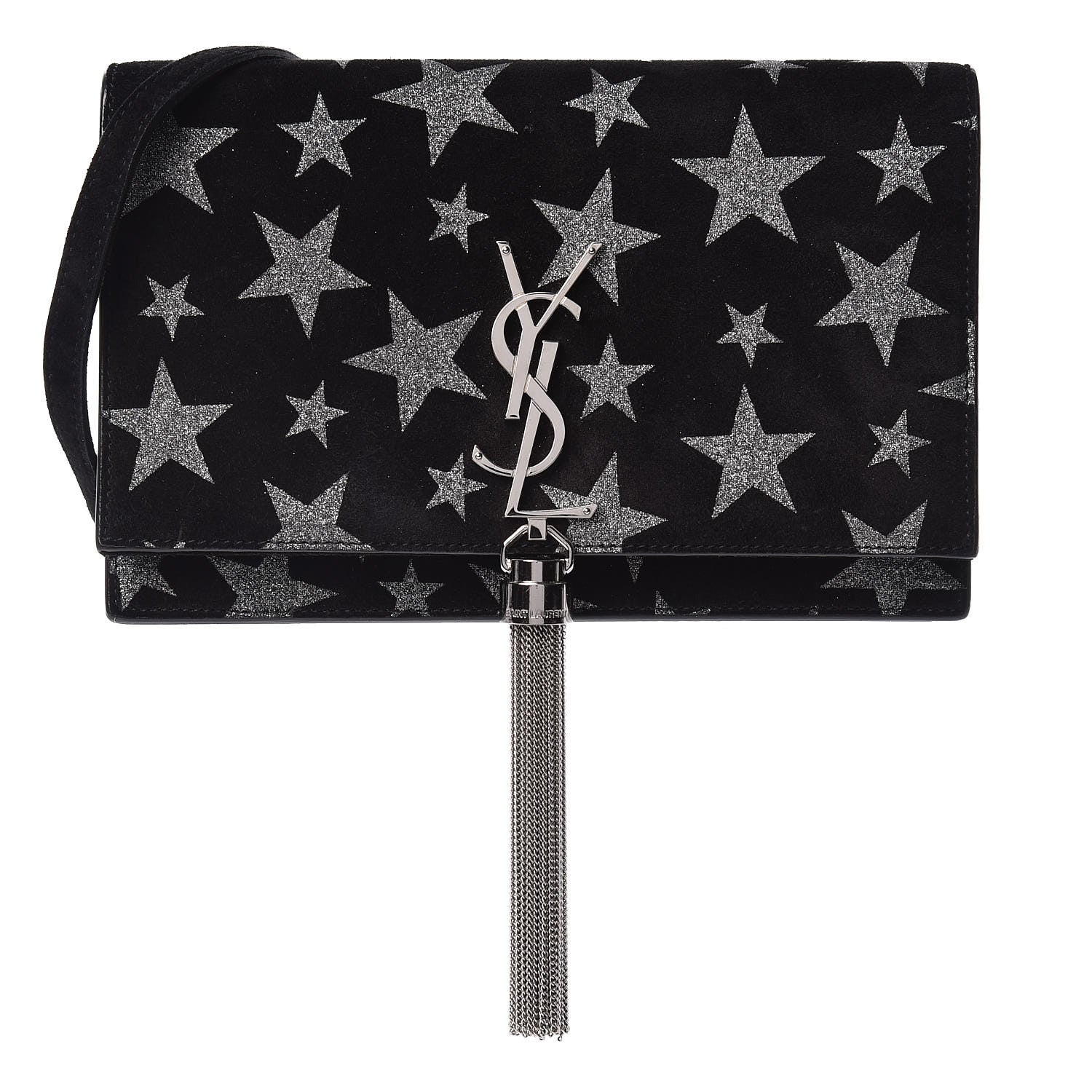 Saint Laurent Suede Star Print Monogram Tassel Chain Wallet Black Silver 1 of 10