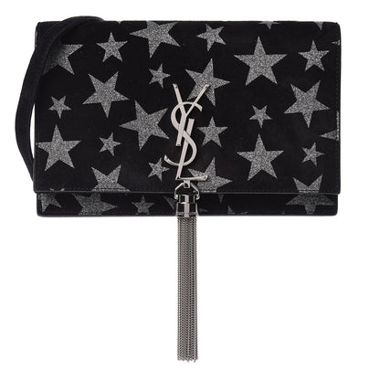 Saint Laurent Suede Star Print Monogram Tassel Chain Wallet Black Silver 1 of 10