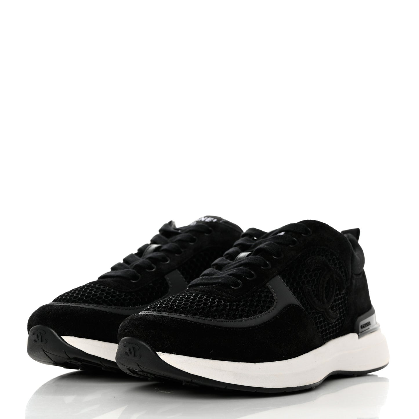 Calfskin Mesh Lycra Suede Womens Logo Sneakers 37 Black