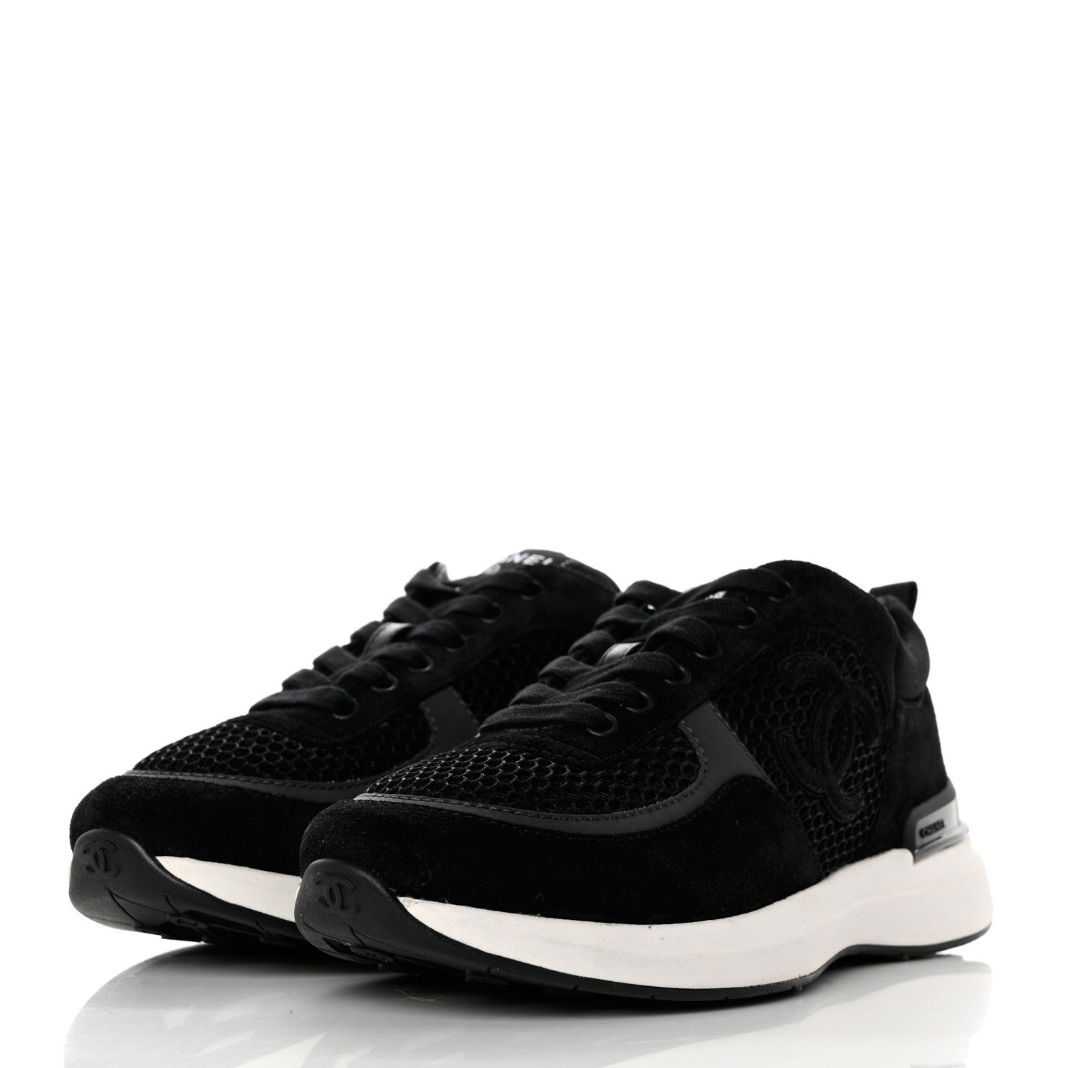 Chanel Calfskin Mesh Lycra Suede Womens Logo Sneakers 37 Black 3 of 9