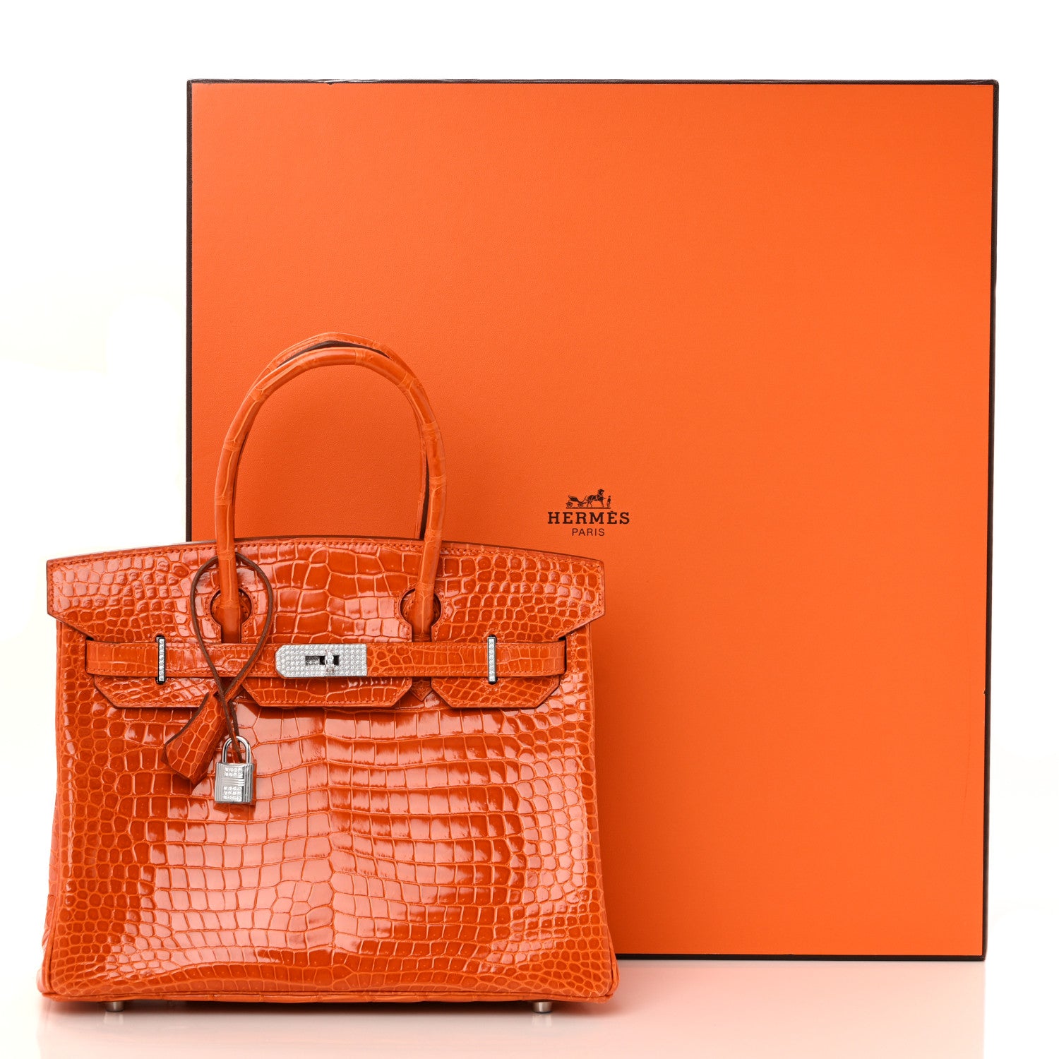 Hermes Shiny Porosus Crocodile 18K White Gold Diamond Birkin 30 Orange 14 of 14