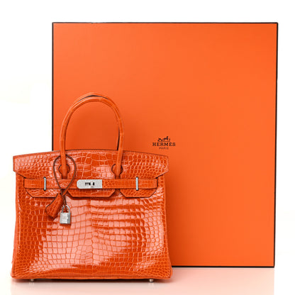 Hermes Shiny Porosus Crocodile 18K White Gold Diamond Birkin 30 Orange 14 of 14