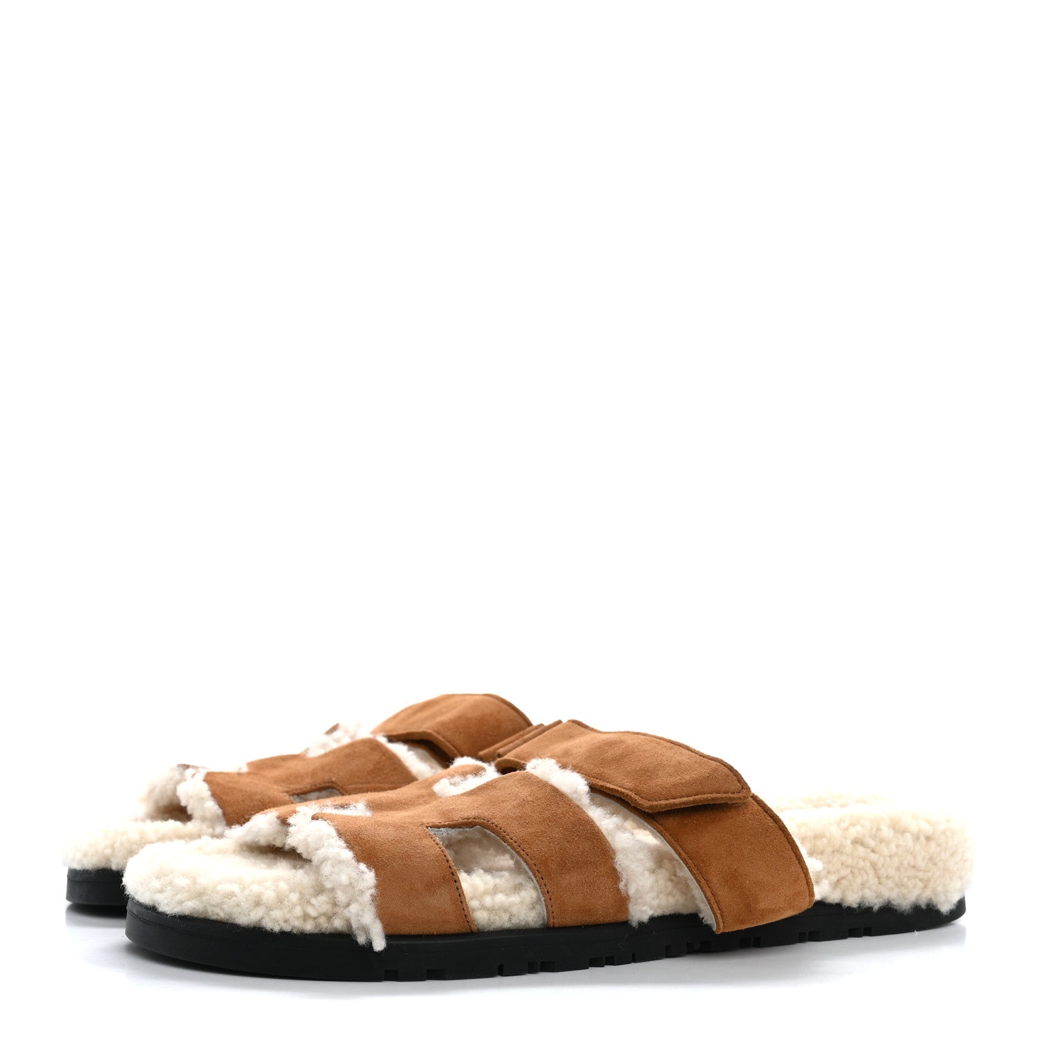 Hermes Suede Goatskin Woolskin Womens Chypre Sandals 38 Brun Fume Ecru 4 of 9