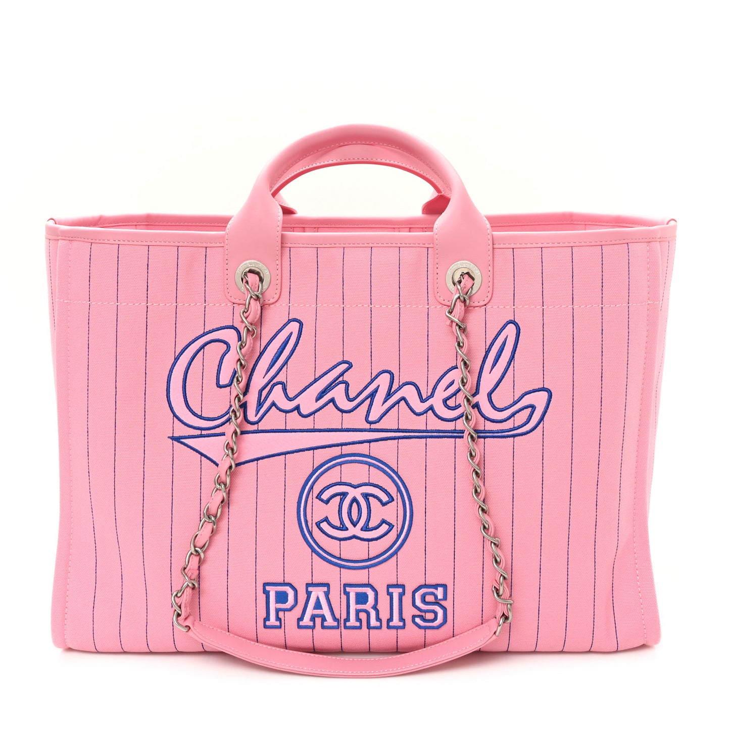 Canvas Calfskin Striped Large Deauville Tote Pink Blue