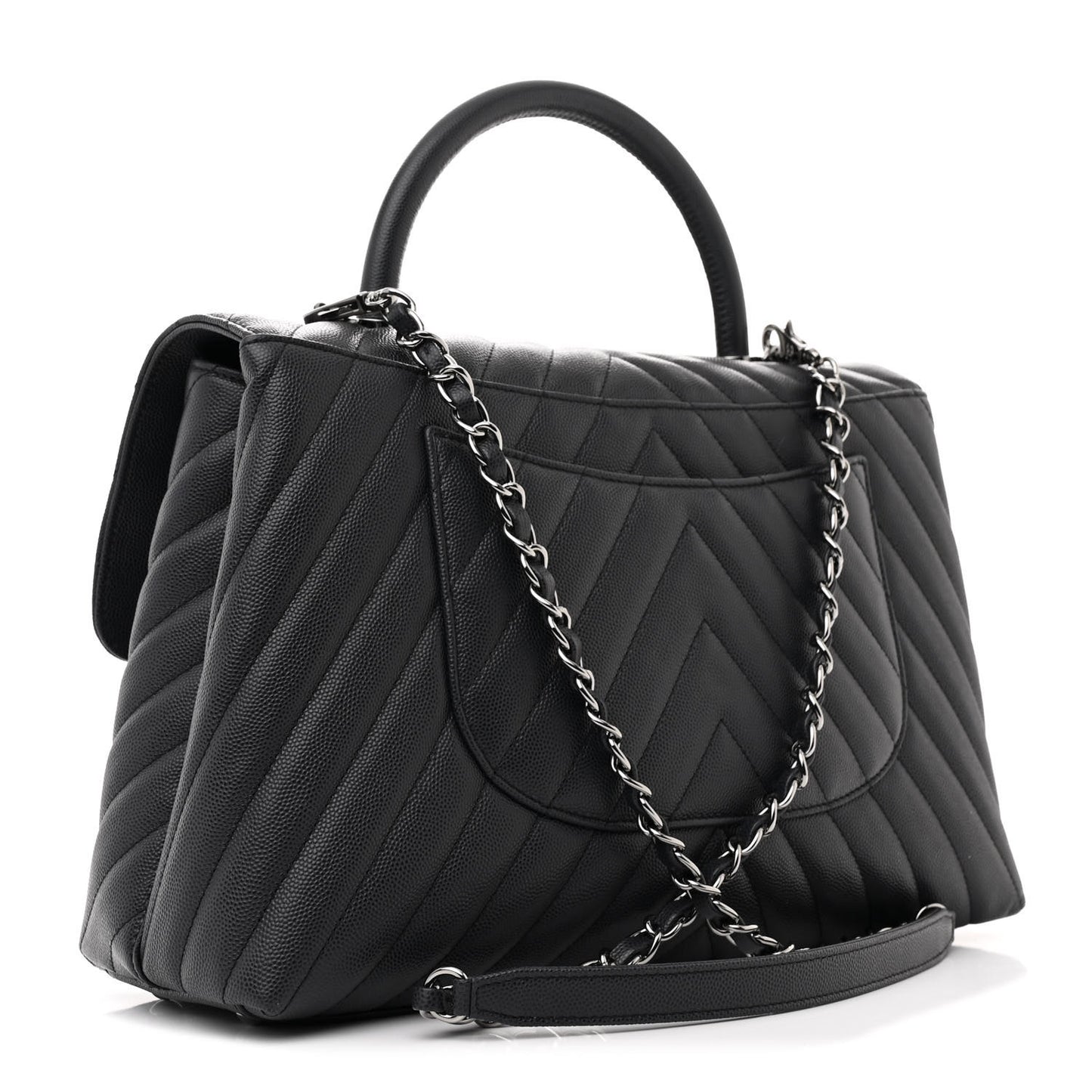 Caviar Chevron Quilted Medium Coco Handle Flap Dark Grey