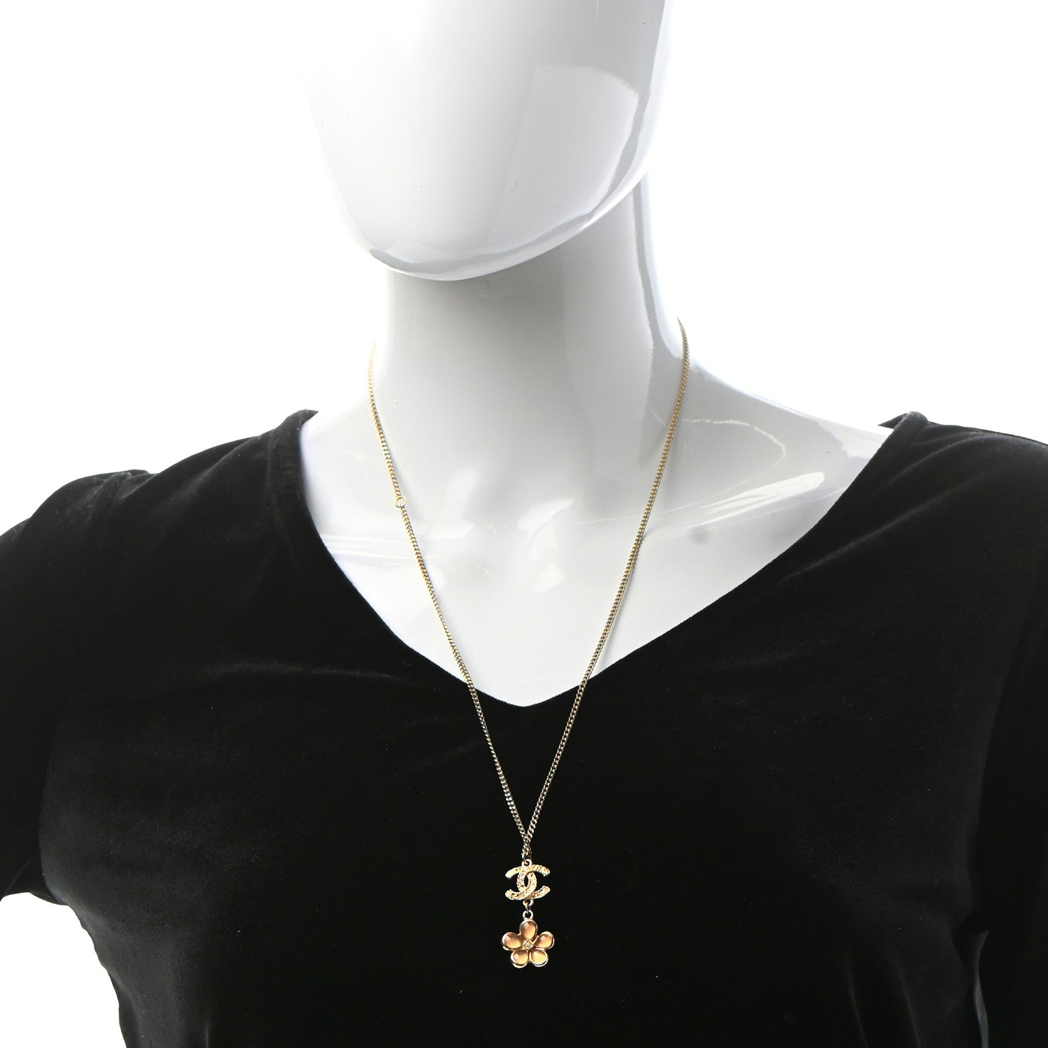 Chanel Enamel Crystal CC Camellia Pendant Necklace Beige Gold 2 of 5