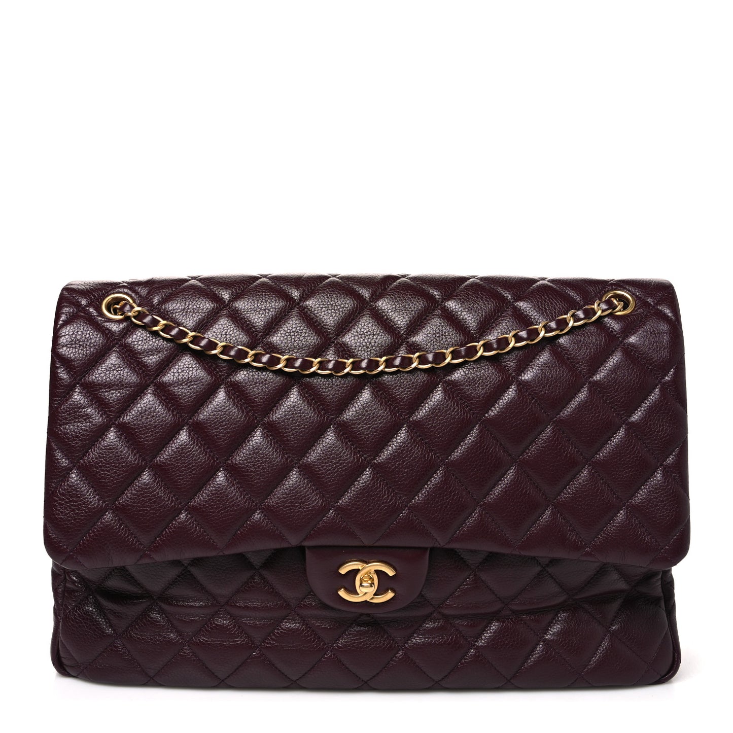 Grained Calfskin Quilted XXL Travel Flap Bag Burgundy