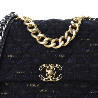 Chanel Tweed Quilted Large 19 Flap Black Navy Gold 10 of 11