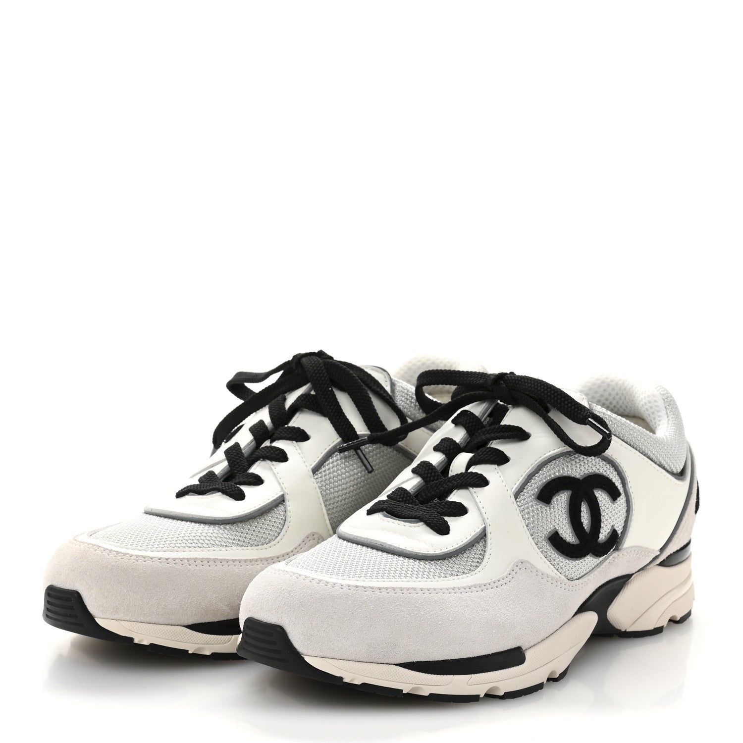Chanel Calfskin Fabric Womens CC Sneakers 39.5 White Silver Light Grey 4 of 11