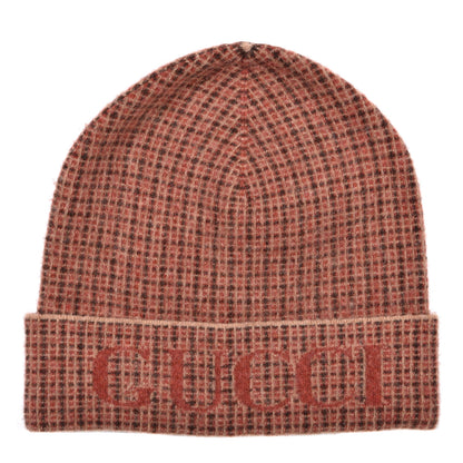 Gucci Wool Check Logo Beanie Hat L 59 Orange Beige 1 of 4