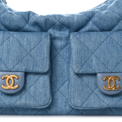 Chanel Washed Denim Quilted Large Trendy Pockets Hobo Blue 8 of 11