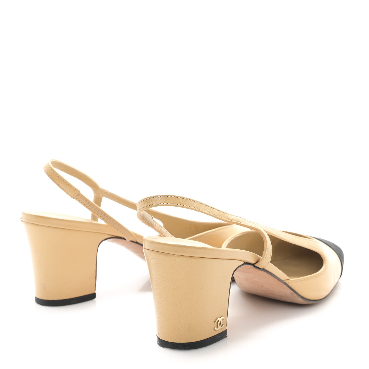 Chanel Goatskin Grosgrain Cap Toe CC Slingback Pumps 38.5 Beige Black 5 of 9