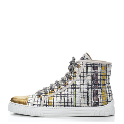 Chanel Metallic Tweed High Top Sneakers 40.5 Ecru Black Yellow Gold 1 of 9