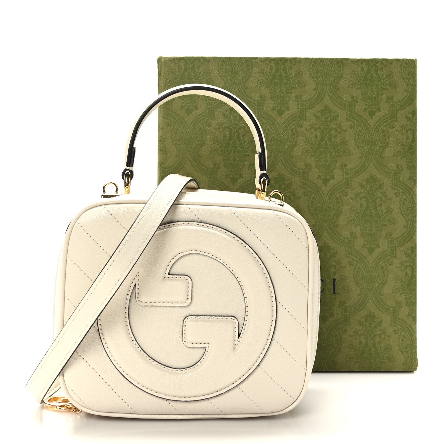 Gucci Sakai Be Green Calfskin Diagonal Stitched Blondie Top Handle Bag Mystic White 4 of 10