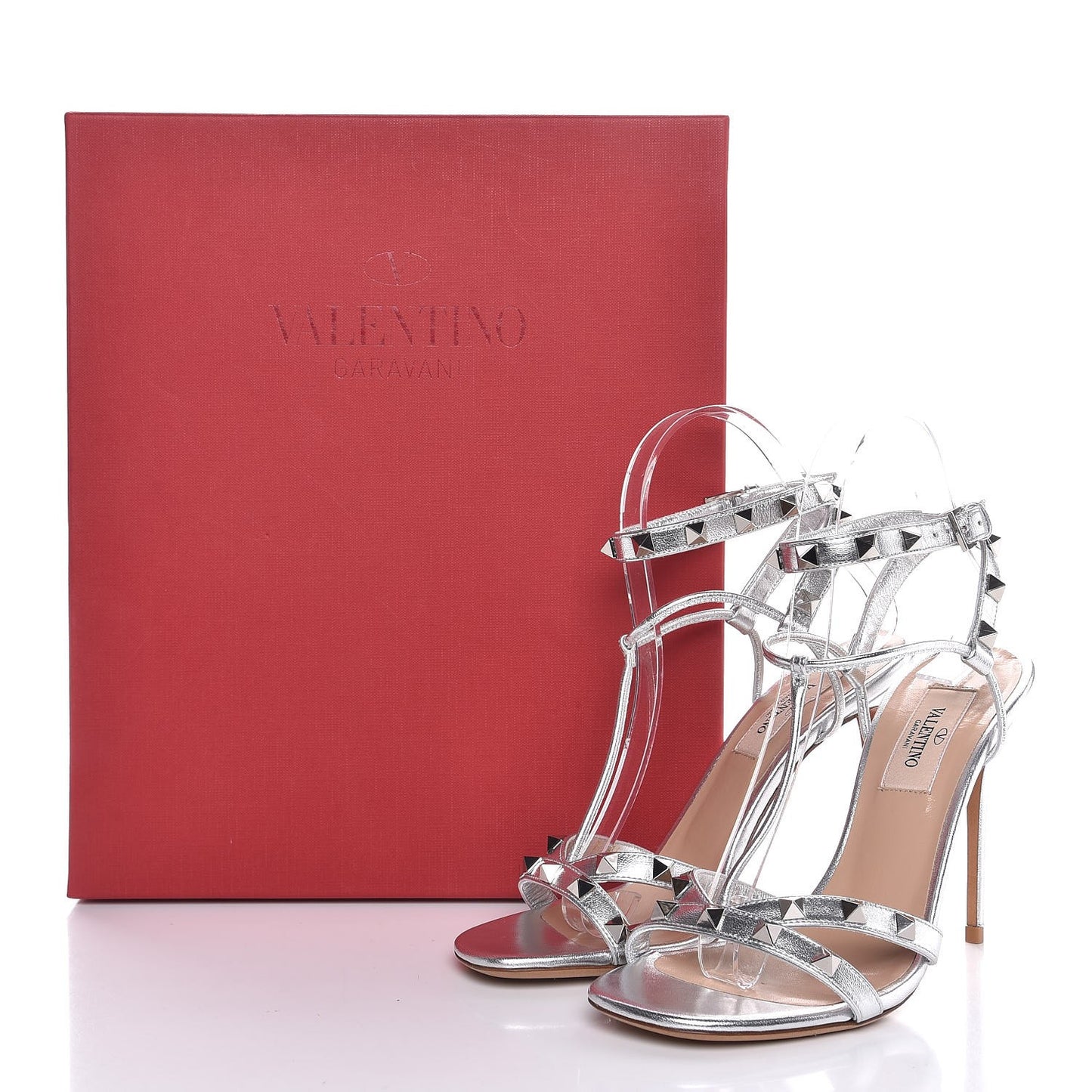 Metallic Nappa Rockstud Ankle T-Strap 105mm Sandals 36 Silver
