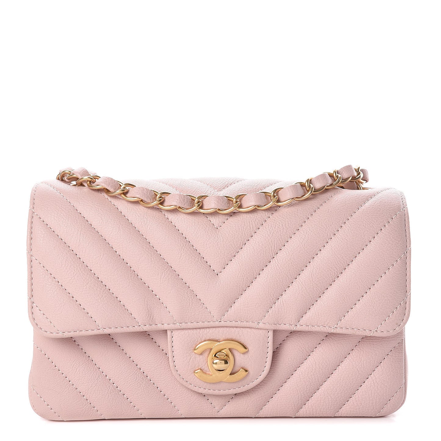 Calfskin Chevron Quilted Mini Rectangular Flap Light Pink